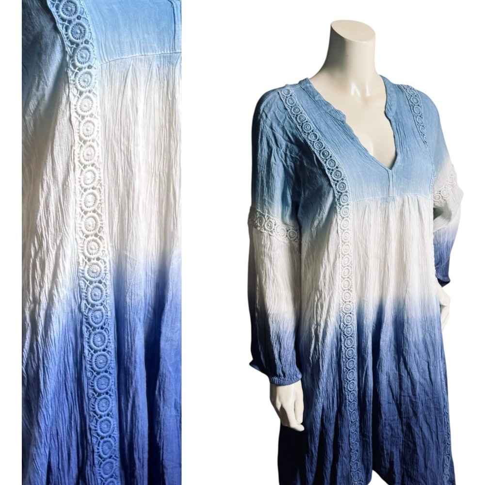 Boho Tunic Dress L NWT Blue Ombre Dip Dye Lace Cover Up Embroidered Rayon Sleeve